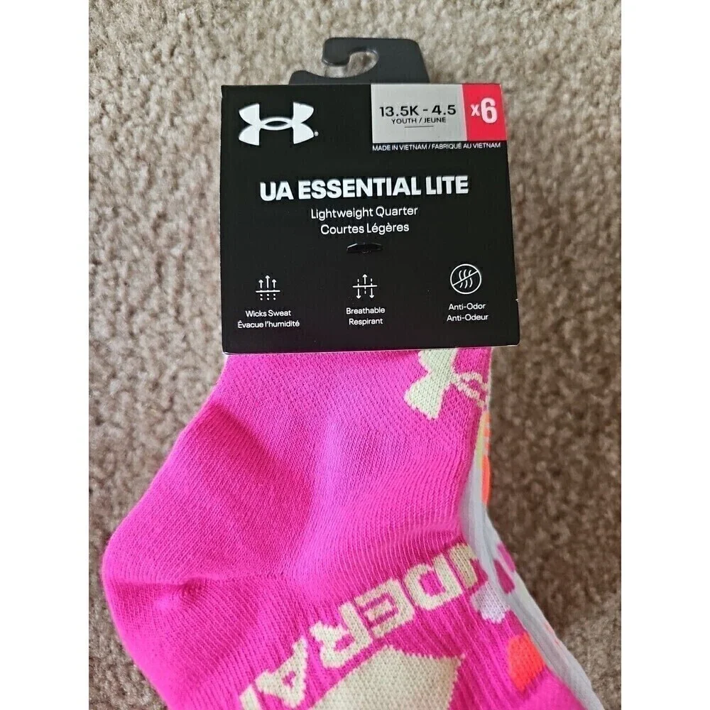 Under Armour Youth UA Essential Lite Quarter Socks Pink/Gray/White 6 Pair NEW